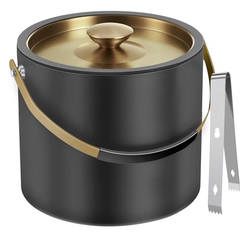3.2L Ice Bucket with Silicone Lid, Tongs & Strainer, Double Wall Stainless Steel Insulated Black Ice Bucket for Parties & Cocktail Bar, Keep Ice Frozen Longer