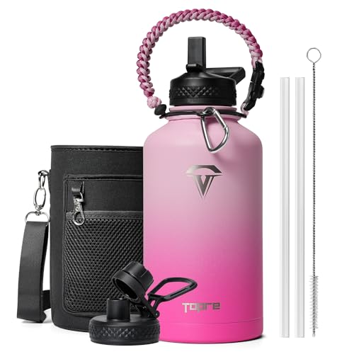 Topre Half Gallon Water Bottle,64oz Insulated Water Bottle Stainless Steel Vacuum,Cold for 48 Hrs,BPA-Free & Leakproof -with Paracord Handle,Strap,Straw Spout Lids,Big Flask Jug for Gym Sports,Pink