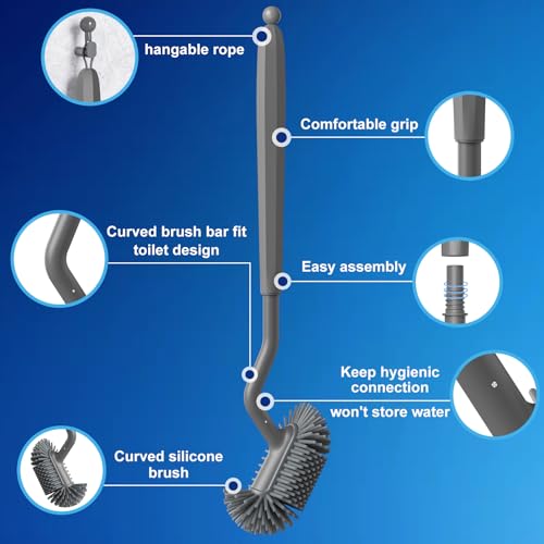 HAMITOR Toilet Bowl Brush Holder Set: Deep Cleaning Silicone Toilet Cleaner Scrubber Under Rim with Curved Bristle for Bathroom Dead Corner Clean - Modern Rv Toilet Decorative Accessories - Gray