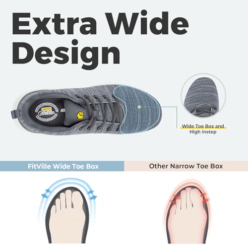 FitVille Men's Extra Wide Walking Shoes Comfortable Sneakers with Arch Support for Plantar Fasciitis - ArchPower FlyWave (9.5 Wide, Black)