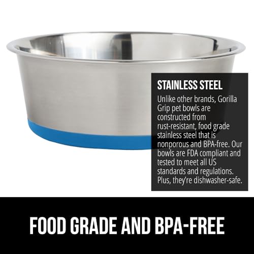 Gorilla Grip Stainless Steel Metal Dog Bowl Set of 2, Rubber Base, Heavy Duty Feeding Dishes, Food Grade BPA Free, Less Sliding, Quiet Pet Bowls for Cats and Dogs, Holds 2 Cups (16 fl oz), Beige