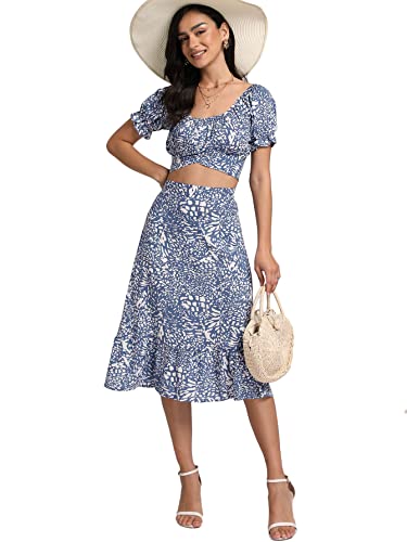 LYANER Women's 2 Piece Outfits Floral Self Tie Knot Crop Tops and Midi Skirt Set Solid Navy Large