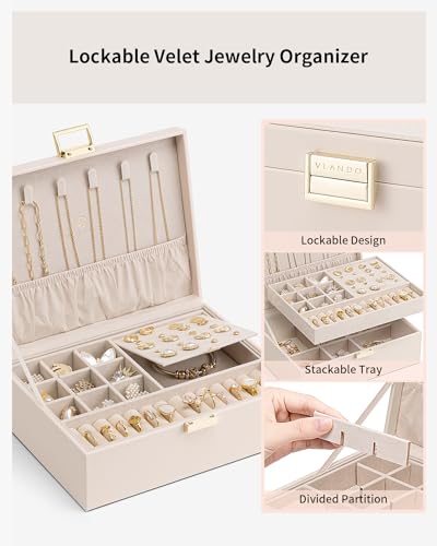 Vlando 2 Layer Jewelry Box Large Jewelry Organizer for Women Removable Jewelery Tray for Necklace Earrings Rings Bracelets Jewelry Boxes Mothers Day Gifts for Mom Wife (Light Pink)