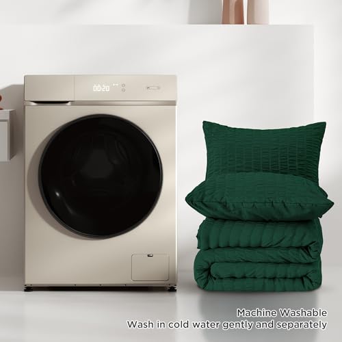 Andency Dark Green Comforter Set Queen (90x90 Inch), 3 Pieces Emerald Seersucker Comforter Set, Forest Hunter Green Microfiber Summer Lightweight Down Alternative Bedding Set