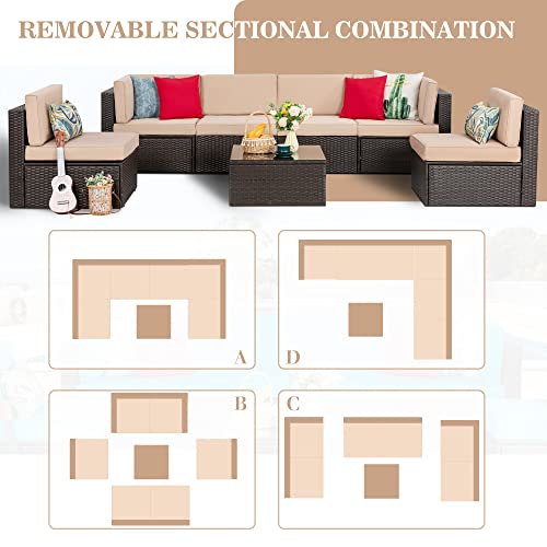 Vongrasig 7 Pieces Outdoor Patio Furniture Sets, Outdoor Sectional Rattan Sofa, PE Manual Weaving Wicker Patio Conversation Set with Cushion, Glass Table, Red Pillow (Beige)