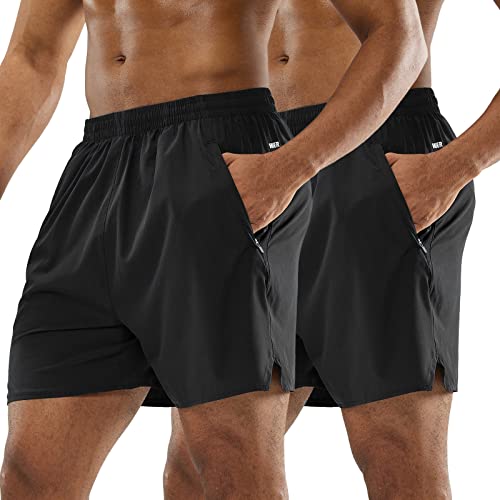 MIER Men's 2 Pack Athletic Shorts 5 Inch Lightweight Runing Workout Gym Shorts with Zipper Pockets, Black/Black, XS