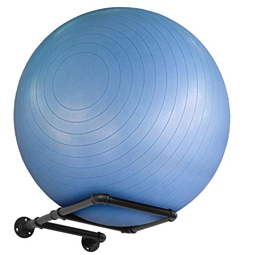 MyGift Wall Mounted Black Metal Pipe Exercise Ball Holder, Yoga Ball and Stability Ball Rack Home Gym and Studios