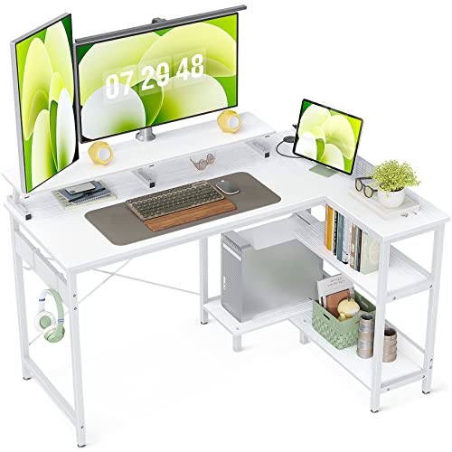 ODK Small L Shaped Desk, 48 inch Corner Desk with Reversible Storage Shelves, Computer Desk with Monitor Shelf and PC Stand for Home Office, Gaming Desk with Headphone Hooks, Black