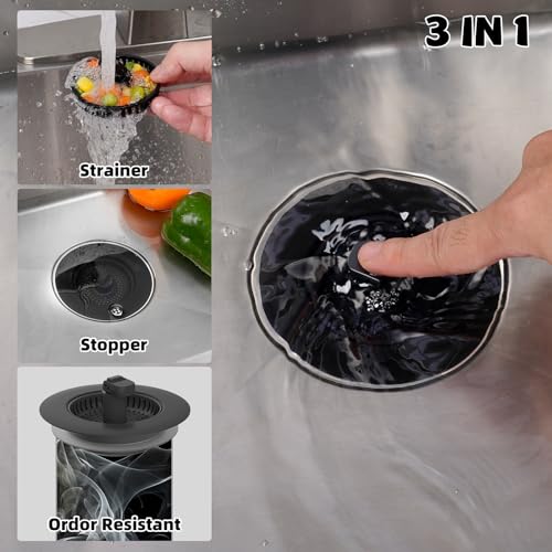 Hibbent 2 Pack Universal 3 in 1 Kitchen Sink Drain Strainer with Sink Stopper, Stainless Steel Wrapped Shell, SUS304 Anti-Clogging Basket Strainer, Fit for US Standard 3-1/2" Drain, Stainless Steel