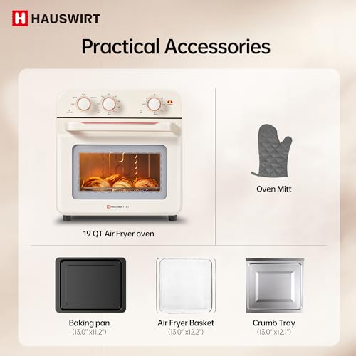 HAUSWIRT Air Fryer Toaster Oven Combo K3, Retro Convection Oven Countertop,19QT 4-slices or 10" Pizza, Bake Toast Broil Air Fry, 1250W Rapid Heating, 140°F - 450°F, Non-Stick, White