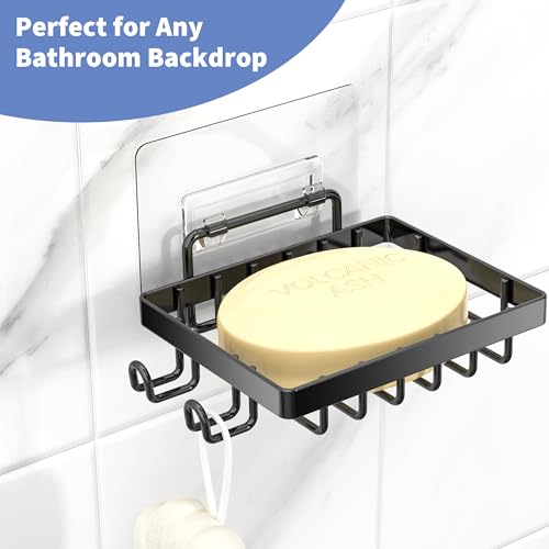 Moforoco Soap Dish, Soap Bar Holder for Shower, No Drilling Bathroom Accessories, Wall Mounted Soap Holder with Hooks and Razor Holder, Shower Rack Soap Tray Bar Soap for Bathroom & Kitchen