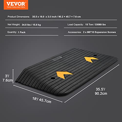 VEVOR 3" Rise Recycled Rubber Threshold Ramp for Wheelchairs & Scooters - Non-Slip Surface, 33069 Lbs Load Capacity