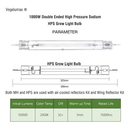 Vegelumax 1000Watt Double Ended High Pressure Sodium Super DE HPS Grow Light Bulb,High PAR Enhanced Red and Orange Optimized Spectrum for Plant Flourishing Growth,CCT 2000K,150000 Lumens,1Pack