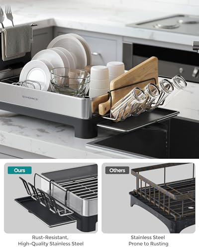 SONGMICS Dish Drying Rack, Premium Stainless Steel Dish Rack with Rotatable Spout, Fingerprint-Resistant Dish Drainers for Kitchen Counter, 12.5 x 22.5 in, Silver and Black UKCS030B01