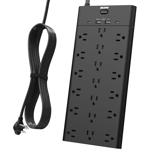 Power Strip Surge Protector Outlet Extender with 19 Outlets and 4 USB Ports (2 USB C), 6.5 Ft Extension Cord & Flat Plug, 2100 Joules, Wall Mount for Home, Office, Dorm, Black