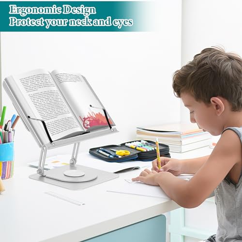 Grathia Book Stand for Reading, Adjustable Holder with 360° Rotating Base, Desktop Stand with Page Clips for Cookbook, Sheet Music, Laptop, Recipe, Textbook, HandsFree, Aluminium