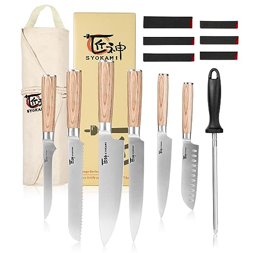 SYOKAMI Chef Knife Set, 14pcs Japanese Kitchen Knife Set with Roll Bag, Pakkawood Handle, High Carbon Stainless Steel Professional Kitchen Knives for Camp Travel Outdoor