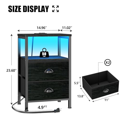 Furologee Nightstand with Charging Station, White Night Stand with LED Lights, 3-Tier Storage End Table with Fabric Drawers, Side Table with USB Ports & Outlets for Lving Room/Bedroom