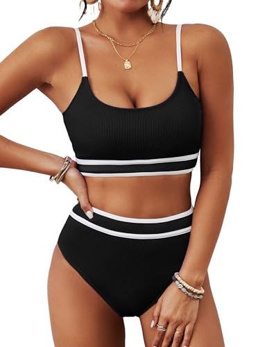 BMJL Women's High Waisted Bikini Ribbed Two Piece Swimsuit High Cut Color Block Adjustable Straps Bathing Suit(S,Black&Pink)