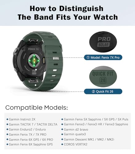 MoKo QuickFit 26 mm Watch Band Compatible with Garmin Fenix 7X Pro/7X/6X Pro/6X/5X/5X Plus/3/Descent MK2i/Instinct 2X, Thickened Silicone Strap Easy-fit Replacement Sport Wristband, Army Green