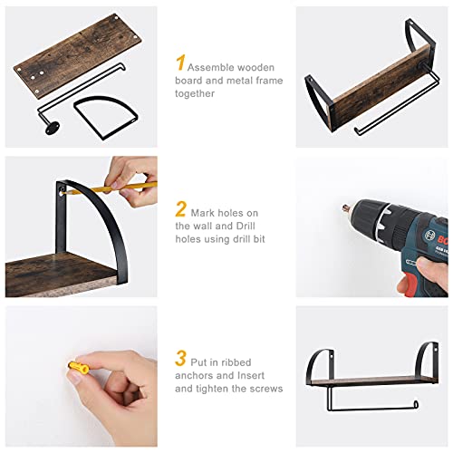 BTY Paper Towel Holder with Shelf, Vintage Farmhouse Wall Mounted Paper Towel Holder Under Cabinet Spice Rack for Kitchen, Bathroom Toilet Paper Dispenser Rustic Brown