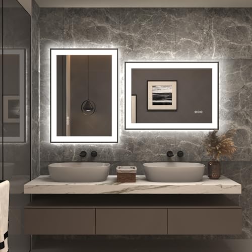 44x32 LED Bathroom Mirror with Black Frame, Dimmable Vanity Mirror with Lights for Wall, Backlit and Front Lighted, Memory, Anti-Fog (Horizontal/Vertical)