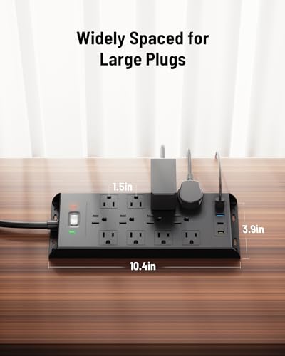 Surge Protector Power Strip 4800J - LeZone Flat Plug Extension Cord 5Ft, 12 Outlets 2 USB C 2 USB Ports, Wall Mountable, 20W Desk Charging Station, Black