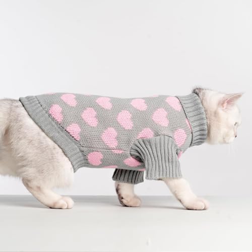 KOOLTAIL Cat Sweater Turtleneck- Soft Knit Cat Sweaters for Cats Only, Heart Love Pattern Thick Warm Cold Weather Clothes, Valentine's Day Pet Outfit for Small Medium Large Size Kitten Puppy Grey S