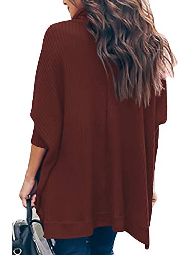 ANRABESS Women's Oversized Turtleneck Batwing Long Sleeve Waffle Knit Tunic Sweater Top 2024 Fall Trendy Pullover Shirts Pink Small