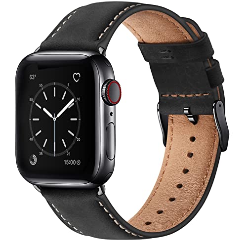 SUNFWR Leather Bands Compatible with Apple Watch Band 49mm 45mm 44mm 42mm for Men Women, Genuine Leather Replacement Strap for iWatch Ultra 2, Ultra, SE2, SE, Series 9 8 7 6 5 4 3 2 1 (Red