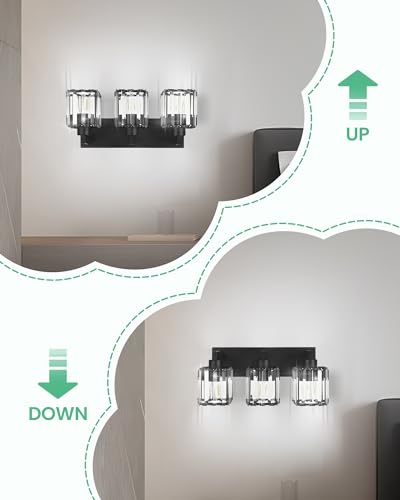 GOEBLESON 3-Light Crystal Bathroom Vanity Lights, Modern Black Bathroom Light Fixtures with Strip-Patterned Crystal Lampshade E26 Base, Upward or Downward Mounting, ETL Listed Wall Lights B06BD05