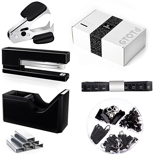 GTOTd Black Office Supplies Desk Accessory Kit includes Desktop Staple,Stapler remove,Single Hole Punch,Tape Dispenser,Stainless Steel Scissors,Small Telescopic Knife and Tape Measure