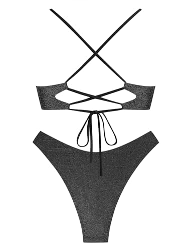 ZAFUL Bikini Set for Women U-Wired Bathing Suits Metallic Glitter Sparkly Lace Up Criss Cross String Bikini Swimswear(S,Black)