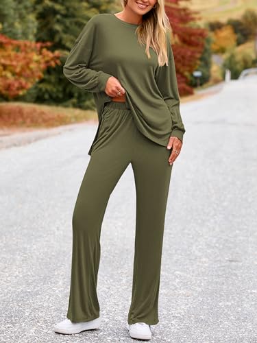 PRETTYGARDEN Womens 2024 Casual Lounge Sets Long Sleeve Tops Wide Leg Long Pants Fall Crewneck 2 Piece Outfits Tracksuits(Wine Red,Medium)