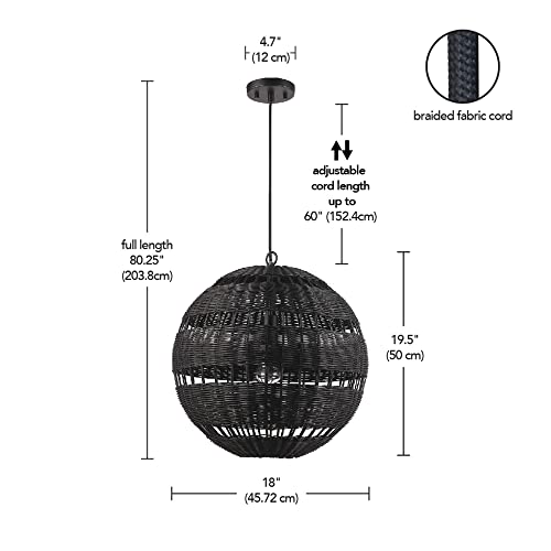 Globe Electric 67000102 2-Light Pendant Light, Matte Black, Black Paper Twine Shade, Black Braided Cord, Pendant Light Fixture, Kitchen Island, Adjustable Height, Home Décor Lighting