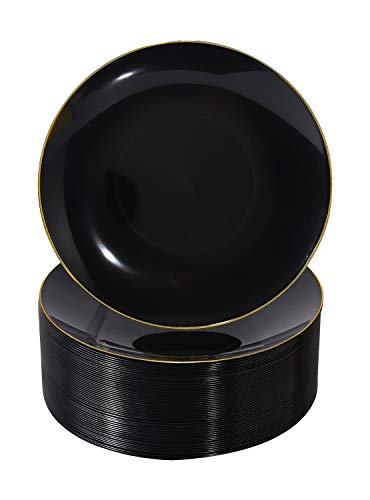 Nervure 100 Pieces Black Plastic Plates - 7.5inch Black Dessert Plates - Disposable Gold Plastic Plate - Disposable Plate Ideal for Wedding & Father's Day & New Year