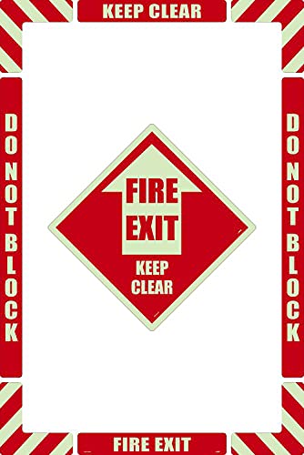 NMC Fire Exit Keep Clear Walk-On Floor Marking Kit, Configurable (Includes 12 X 12 Center Floor Sign and Marking Strips with Corner Angles), Textured Non-Slip Surface, GWFKSWFK07 Glow in The Dark