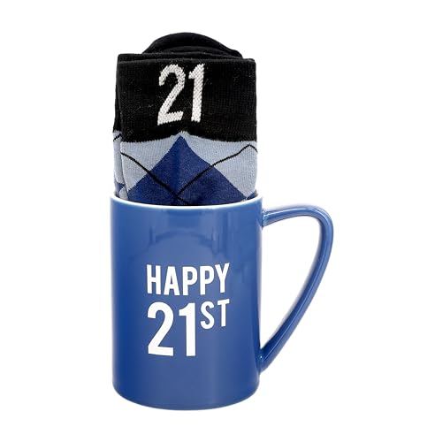 Pavilion - Happy 21st 18 oz Coffee Mug Tea Cup - 21 Argyle Patterned Blue Crew Socks Women US 9-13 & Men US 8-12 Birthday Party Celebration Decoration Commemoration Gift Present For Him