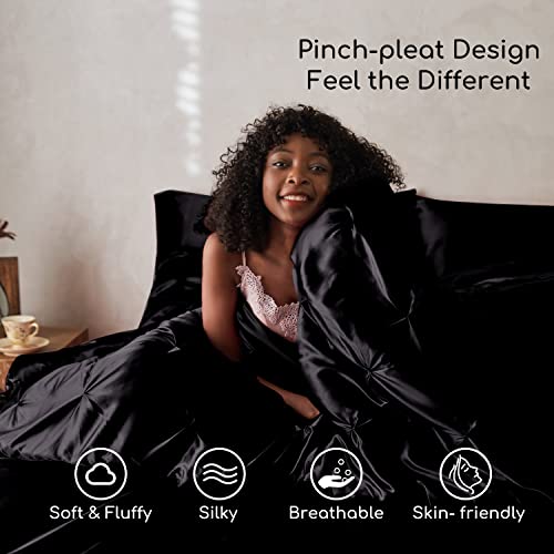 MR&HM Satin Comforter Full 7 Pieces - Luxurious Pinch Pleat Bedding Set with Comforter, Flat Sheet, Fitted Sheet, Pillowcases & Shams, Super Silky Soft Bed Set for All Season (Full, Navy Blue)