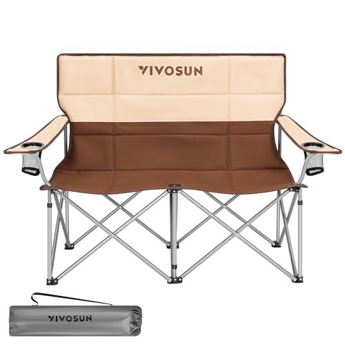 VIVOSUN Double Camping Chair, Fully Padded Folding Loveseat, Portable Oversized Duo Chair with Storage Cup Holders, Height-Adjustable Armrests & Carry Bag, Supports up to 500lbs, Brown & Cream