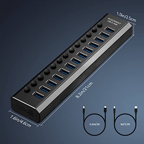 Powered USB Hub Rosonway Aluminum 13 Port USB 3.1/3.2 Gen 2 Hub 10Gbps with 72W (12V/6A) Power Adapter and Individual Switches, Type A and Type C Cables, USB C Hub Expander for PC and Laptop, RSH-A13