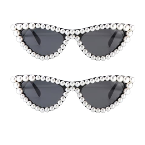 FUPRECIOUS Pearl Cat Eye Sunglasses Womens Cute Fashion Trendy Eyewear ((2 Pack) black)