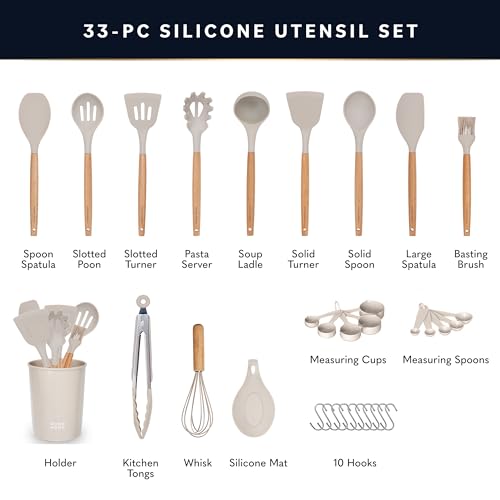 Home Hero 33 Pcs Silicone Kitchen Utensils Set, Non-Stick Silicone Cooking Utensils Set with Spatula, Wooden Handle Spatula, Silicone Kitchen Gadgets Utensil Set (33 Pcs - Khaki)