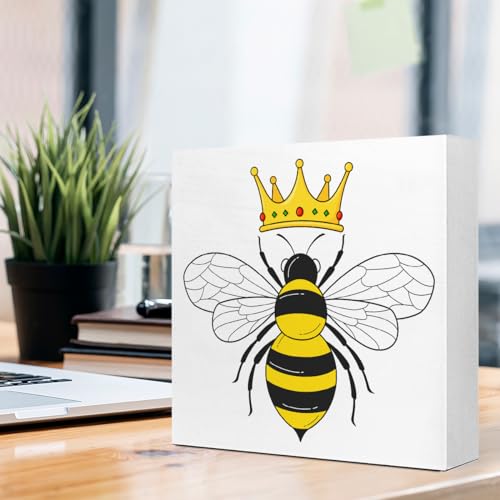 Bee Queen Desk Decor, Funny Bee Queen Crown Wood Block Sign Desk Décor for Home Bedroom Office