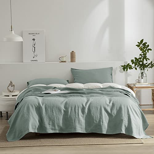 EVERLY Linen Sheets Set Queen Size,100% French Stonewash Pure Linen Sheets Set,4Pieces (1Flat Sheet,1Fitted Sheet,2Pillowcase) Suitable for Hot Sleepers,Deep Pocket Natural Bedding Set-Navy Blue