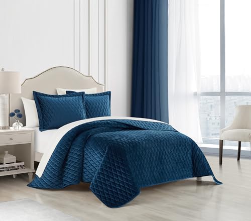 New York & Company Wafa 3 Piece Velvet Quilt Set Diamond Stitched Pattern Bedding - Pillow Shams Included, Queen, Blue