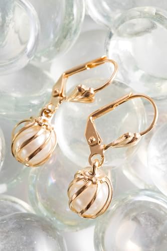 Barzel 18K Gold Plated Pearl Drop Earrings Caged (ER308)