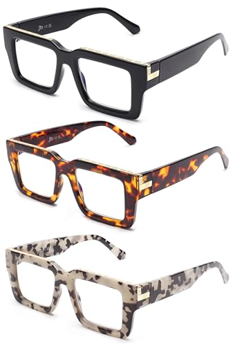 JM 3 Pack Oprah Style Reading Glasses for Women Men, Fashion Square Blue Light Blocking Readers +0.0