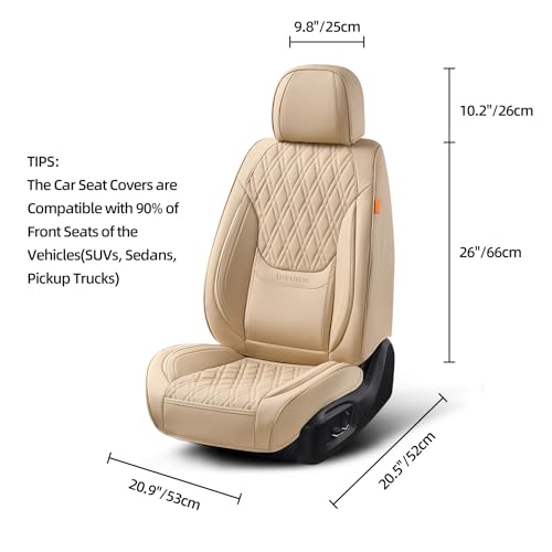 TINRAIYANG Car Seat Covers Front Pair, Breathable Leather Automotive Front Seat Covers with Headrest, Universal Automotive Vehicle Seat Cover for Most Sedan SUV Pick-up Trucks, Beige