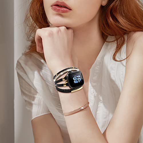 ACEDAX Bracelet Work for Apple Watch Bands 40mm Women, Boho Chic Leather Strap Compatible for apple watch band 38mm/41mm with Gold Metal Buckle, Multilayer Wrap for iWatch Series 8 7 6 SE 5 4 3 Black